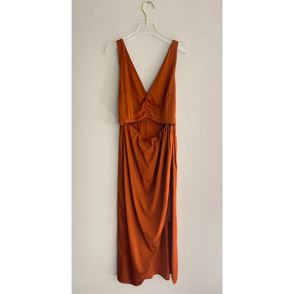Abercrombie & Fitch Slip Dress S Midi Burnt Orange Satin Cinch Front Slit NEW - Picture 3 of 9